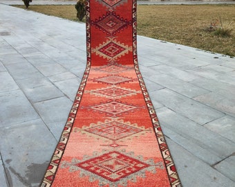 Vintage Turkish Runner Rug: 2' x 10'7" Red Heriz Wool Rug