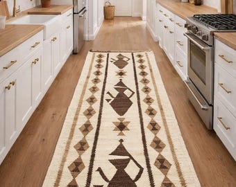 Handwoven Wool Kilim Rug Runner: 3x8 ft, Berber Tribal Design