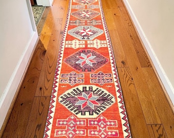 Authentic Vintage Turkish Wool Runner Rug: Terracotta Boho Hallway Carpet (12 FT)