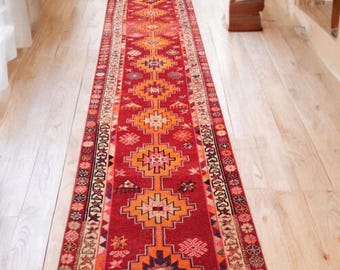 Warm Red Turkish Runner Rug: Vintage Handknotted Wool Hallway Rug (2'8" x 11'10")