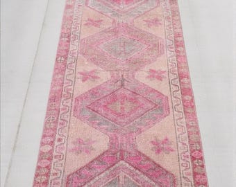 Vintage Wool Runner Rug: 2'x11' Faded Pink Tribal Hallway Carpet