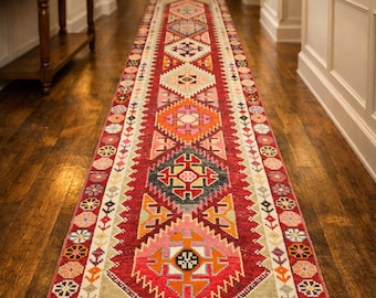 Vintage Turkish Runner Rug, Hand-Knotted Wool, Tribal Geometric Kilim Style Hallway Runner