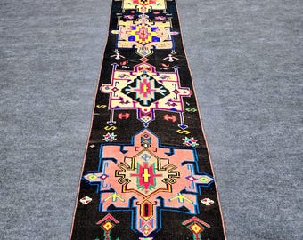 Extra Long Turkish Runner Rug 1'10" x 12'2" Black Tribal Hallway Rug Vintage Wool Carpet
