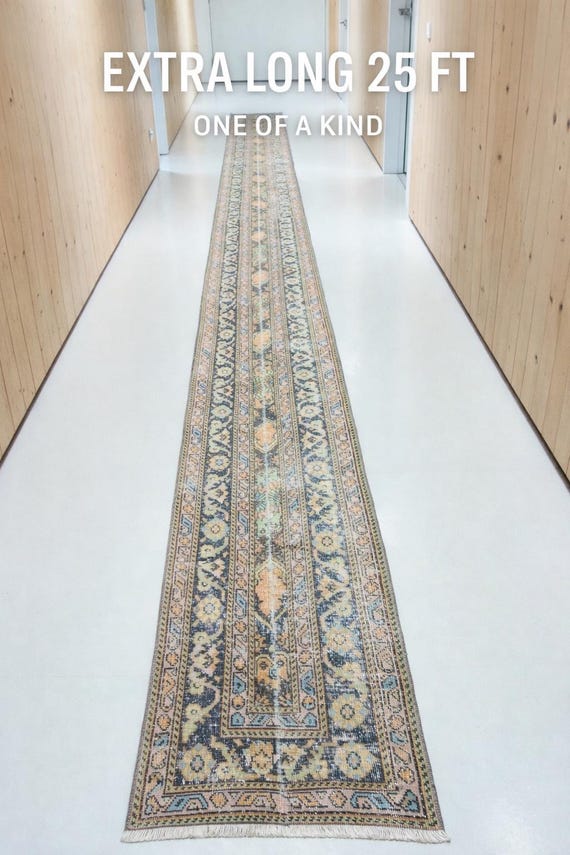 Vintage türkischer Oushak Läufer Teppich, Handgeknüpfter Wolle Flur Extra Teppich Lang (2 x 25 Fuß)