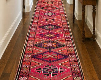 Extra Long Runner Rug 13 Ft Pink Turkish Hallway Carpet Tribal Handmade Wool Rug