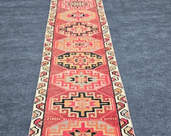 Vintage Turkish Runner Rug: 2x10 Red Wool Hallway Carpet