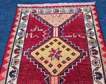 Tapete corredor turco vermelho vintage, feito à mão em lã, para hall de entrada, estilo boho geométrico.