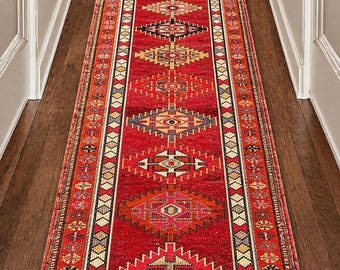 Extra Long 15 Ft Vintage Turkish Runner Rug Red Tribal Hallway Carpet 2'7" x 14'9"