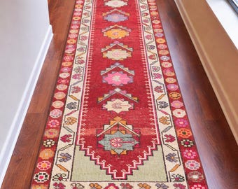 Antique Tribal Runner Rug 2'8 x 12 – Handwoven Red Turkish Hallway Runner, Vintage Geometric Wool Carpet