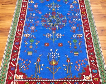 Vintage Wollteppich Persischen Stil Blauer Blumenteppich Handgemacht Boho Wohnzimmer Statement Stück