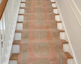 66 x 61 cm vintage turkisk löparmatta, extra lång ullmatta till hallen 9x51 cm, handgjord tribal löpare i trappstil 9x51 cm