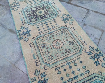 Vintage Turkish Hallway Runner Rug: Cream & Blue, Handknotted Wool, 2.4x21.6 ft