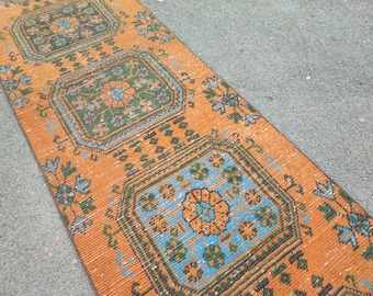 Hallway Turkish Runner Rug Vintage Wool Carpet Narrow Corridor Handmade Tribal Design Anatolian Style Twenty Foot Long Extra Low Pile