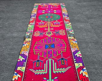 Extra Long 13.6 FT Pink Vintage Turkish Runner Rug – Bold Tribal Hallway Carpet 2'8"