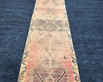 2x13 Vintage Turkish Runner Rug, Faded Red Purple Wool Hallway Rug, Tribal Long Narrow Carpet 2'5" x 13'