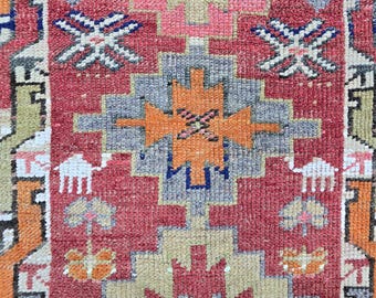 Vintage Oushak Runner Rug, Handmade Red Orange Wool Hallway Carpet (3'x14')