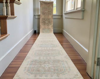 Handknotted Wool Runner Rug: 2'6" x 21' Vintage Turkish Oushak