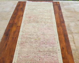 Vintage Turkish Runner Rug: 2x13 Pink Boho Tribal Hallway Mat
