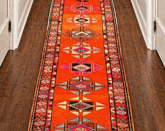 Vibrant Orange Runner Rug 12 FT Extra Long, Vintage Turkish Hallway Carpet 2x12