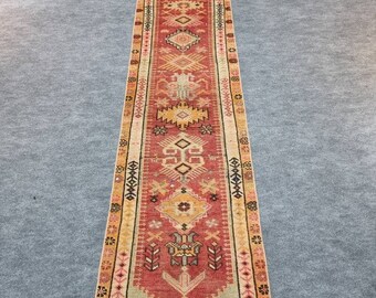 Tapete corredor turco vintage: 2x13 extra longo, feito à mão em lã, tapete geométrico tribal para corredor.