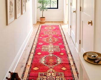 Hand-Knotted Wool Runner: Red Tribal Geometric Hallway Rug (3'8" x 10'3")