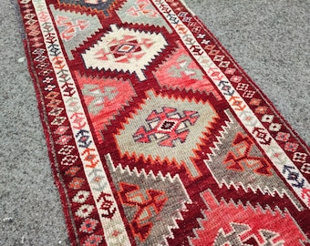 Vintage Red Wool Turkish Runner Rug: Handknotted Geometric Hallway Carpet (2'6" x 13'6")