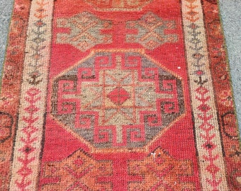 Red Turkish Runner Rug 2x12: Vintage Handknotted Wool Herki Rug
