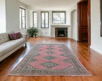 Handwoven Rose Pink Wool Rug: 7x12 Vintage Turkish Style Carpet