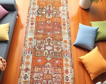 Vintage Turkish Runner Rug: Handwoven Wool, Faded Orange, Boho Hallway Carpet