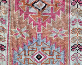 Vintage Turkish Runner Rug: Handwoven Wool, Boho Geometric Hallway Carpet