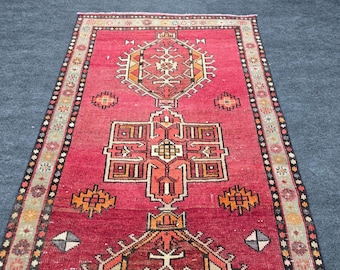 Vintage Turkish Runner Rug: Red Tribal Wool Hallway Carpet (3'8" x 10'3")
