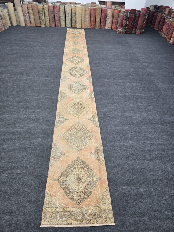 24 Ft Extra Long Vintage Turkish Runner Rug, Peach Brown Wool