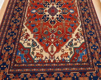Turkisk Heriz-matta Vintage-matta Traditionell orientalisk medaljongmatta Handknuten ulltextil Boho Hem Vardagsrum Röd Marinblå Geometrisk