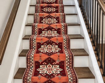 2'6" x 22'5" Extra Long Vintage Turkish Runner Rug, Red Orange Tribal Wool Hallway Carpet, Geometric Anatolian Runner