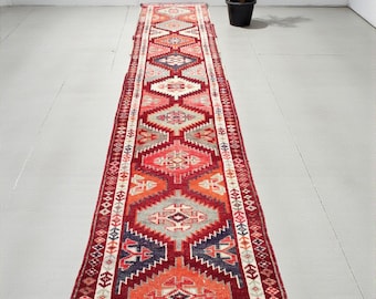 3x14 Vintage turkisk löparmatta 61x33 cm, extra lång röd ullmatta för hallen, handknuten tribal trapplöpare