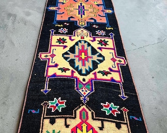 Extra Long Turkish Runner Rug 1'10" x 12'2" Black Tribal Hallway Rug Vintage Wool Carpet