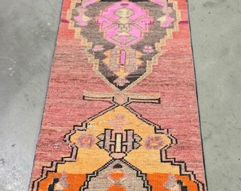 Authentic Vintage Turkish Runner: Muted Pink, Orange Tribal Wool Hallway Carpet Boho Corridor Rug (12 Ft)