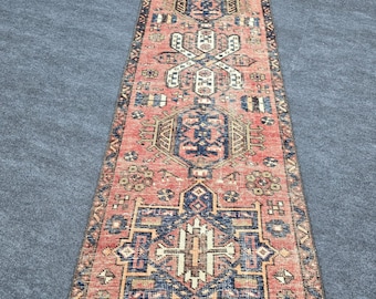 Handmade Wool Runner Rug: Turkish Hallway Rug, Peach & Navy (2'2" x 8'8")