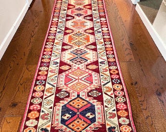 2x10 Vintage Turkish Runner Rug Red Tribal Wool Hallway Carpet Long Boho Rug