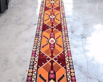 Vintage Persian Style Runner Rug | Handwoven Wool Boho Hallway Carpet (2'8" x 24'4")
