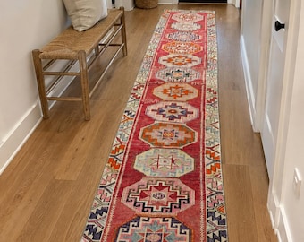 66 x 28 cm vintage turkisk löparmatta, röd ullmatta för hallen 5x30 cm, handknuten tribal anatolisk löparmatta 8x30 cm