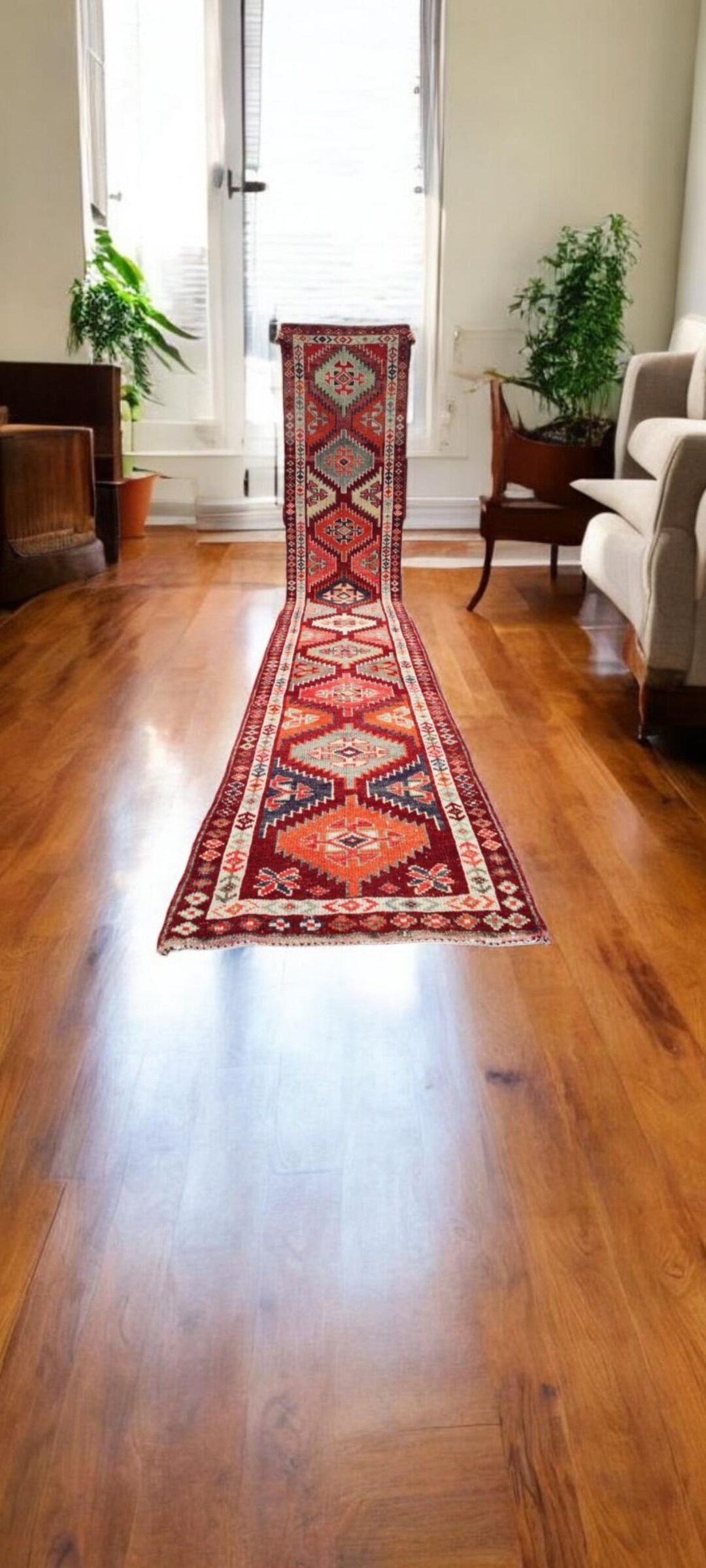 Turkish Red Runner Rug 2x14 Vintage 14' Extra Narrow Rug Handmade Wool ...