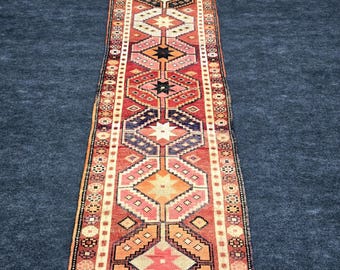 Vintage Oushak Wool Runner Rug: Tribal Geometric Oriental Carpet