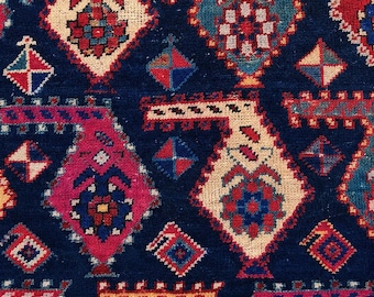 Antique Caucasian Kazak Rug 3'1" x 6'1" – Tribal Geometric Wool Area Rug, Indigo & Red Village Carpet