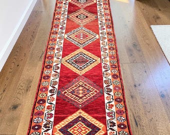 Extra Long Red Runner Rug 3x13 Vintage Turkish Hallway Rug Hand Knotted Wool