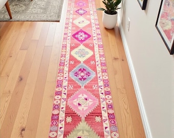 Vintage Herki Runner Rug 2'6 x 24'6 – Tribal Wool Hallway Runner Long Turkish Geometric Carpet Boho Corridor Rug Handmade Wool Rug