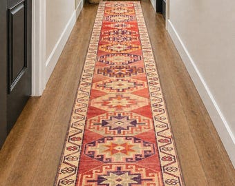Vintage Oushak Wool Runner Rug: Extra Long 14 Ft Boho Hallway Narrow Carpet