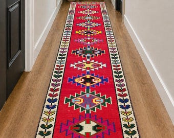 Vintage Turkish Runner Rug 2x12 Ft Extra Long Red Wool Hallway Carpet (2'x12')
