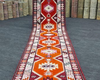 Hand-Knotted Turkish Runner Rug: 13ft Orange Geometric Hallway Rug