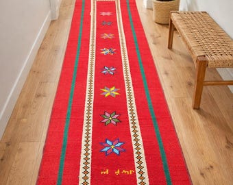 Red Turkish Tribal Runner Rug 10 Ft Vintage Tribal Hallway Carpet 2'7"x10'10"
